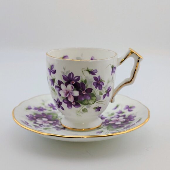 Ansley Fine Bone China Demitasse Cup & Saucer Set Violette Floral Design Gold Tr - Picture 1 of 11